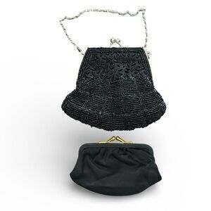 Black Beaded Bijoux Terner Evening Bag and Vintage Black Satin Change Purse -EUC